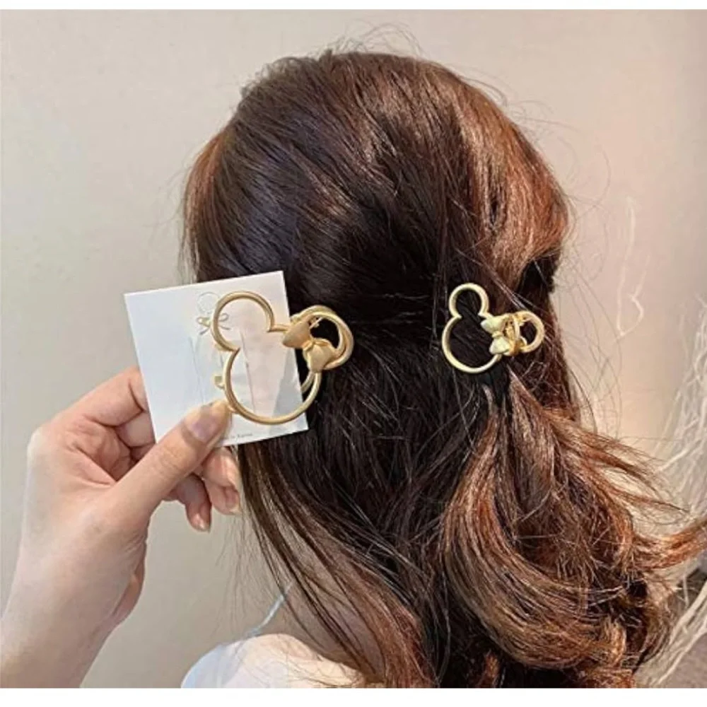 Gold Mickey Minnie Mouse hair clips set of two new gold toned